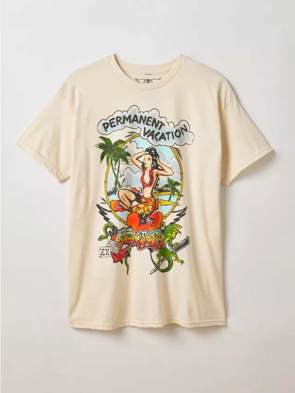 Aerosmith Permanent Vacation Graphic Tee Cream Island Hula Girl Beach Tropical M